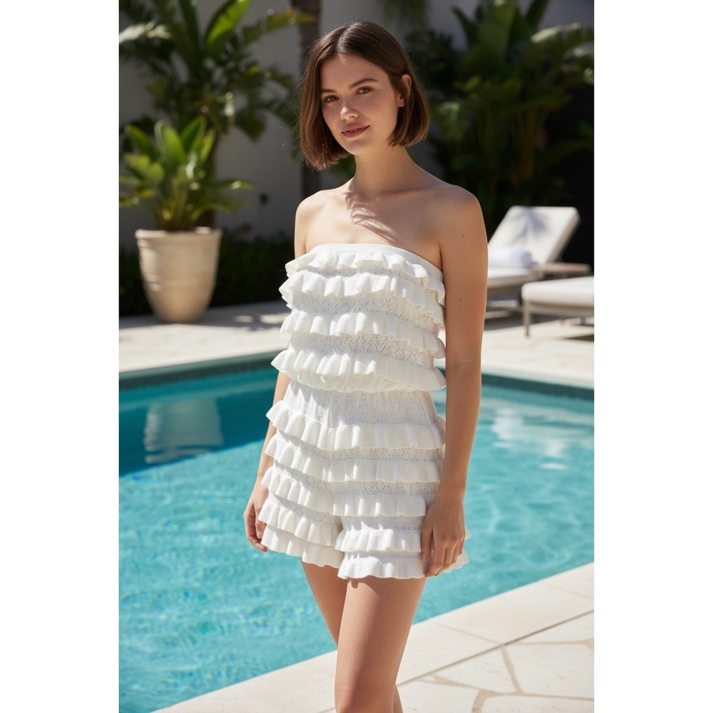 Fashion Nova Pure Poetry Ruffle Romper White Strapless Pointelle Knit